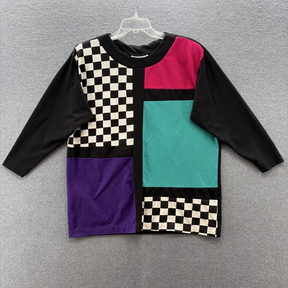 VTG 80s Forelli Shirt Womens XL Black White Check Colorblock Tunic Top Tee